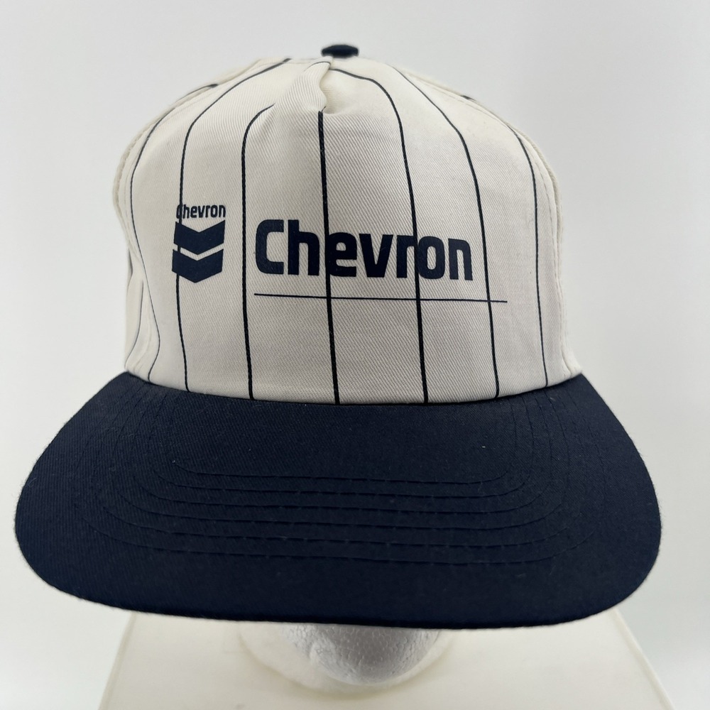 Vintage Chevron Gas Oil White w/ Blue Pinstripes Hat Cap SnapBack
